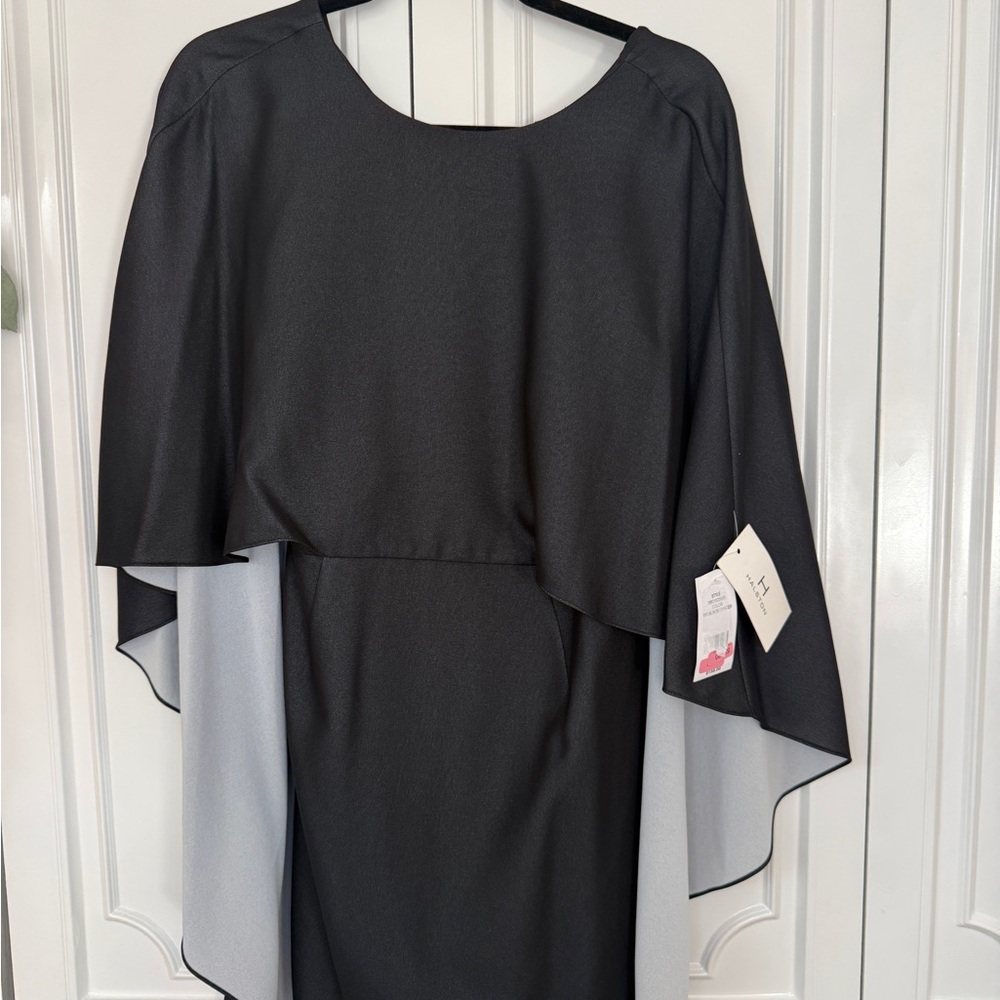 Halston Heritage Black Cape-Overlay Long Sleeve Dress